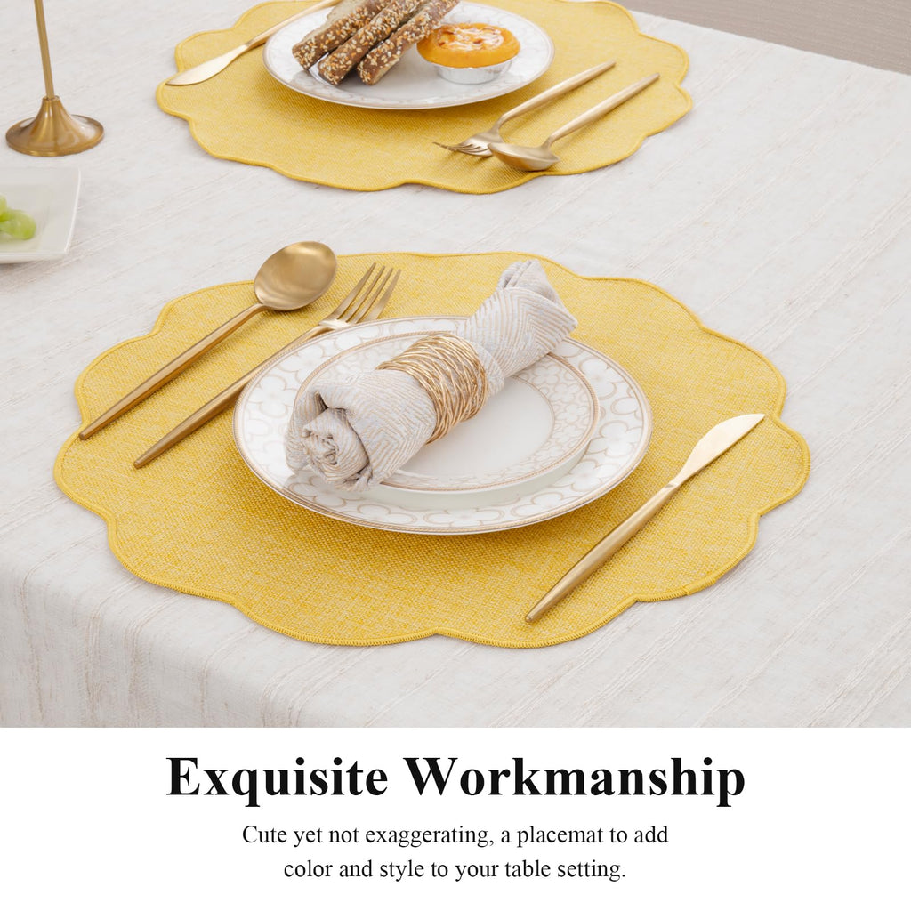 Yellow Round Scalloped Placemats Set of 4 Polyester Linen Blend