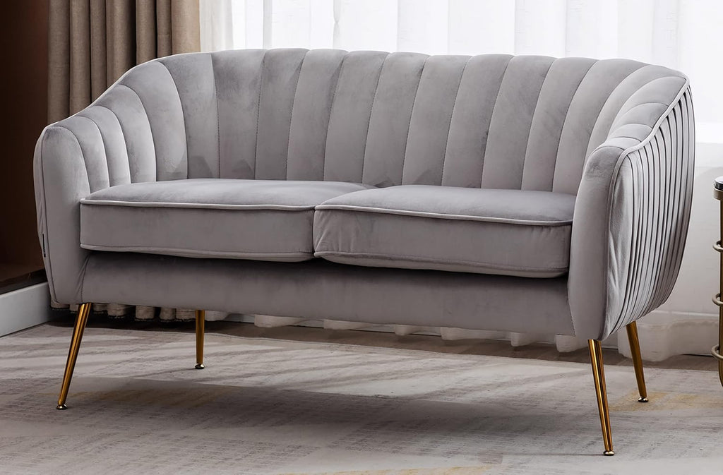 Contemporary Tufted Velvet Tub Barrel Loveseat Sofa Chair Upholstered Couch with Golden Metal Legs Club Two-Seat Sofa