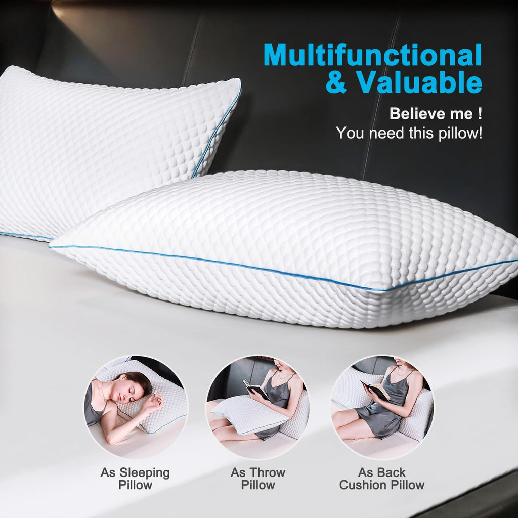Cooling Shredded Memory Foam Bed Pillows, King Size, Set of 2, 20 x 36 in | Adjustable Firm, Supportive, Breathable