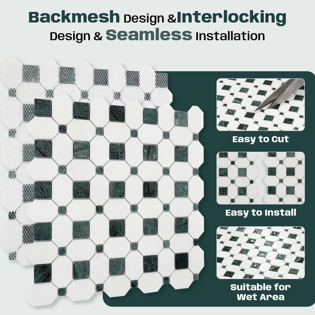 2 Inch Long Octagon Marble Mosaic Tile for Wall Floor, 5 Sheets