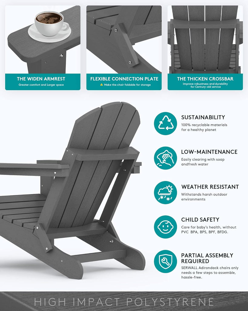 Folding Adirondack Chair with Cup Holder Set of 2, Fire Pit - Gray | All Weather Adirondack Chairs, Fire Pit Chairs