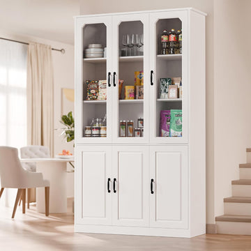 MU 78.7" Tall Kitchen Pantry with 3 Glass Doors, Freestanding China Cabinet with Adjustable Shelves, Large Kitchen