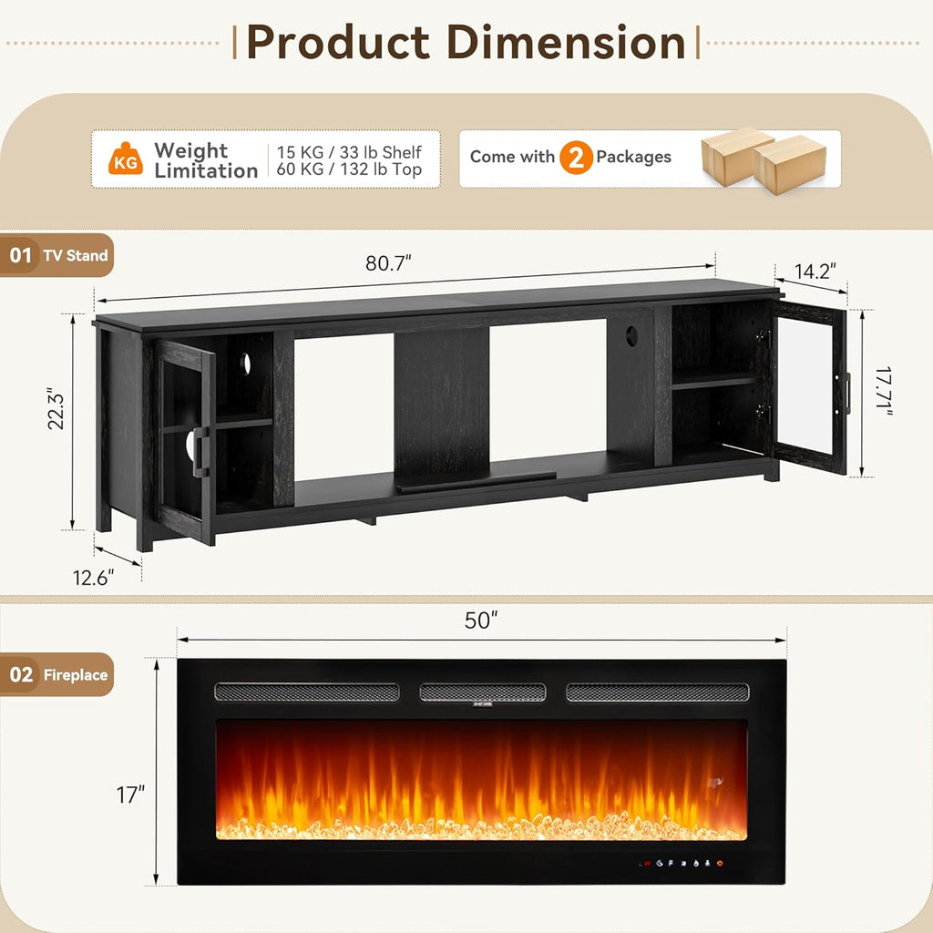 80" Fireplace TV Stand, Modern 50" Smart Fireplace Fire Place TV Console, Adjustable Entertainment Center with