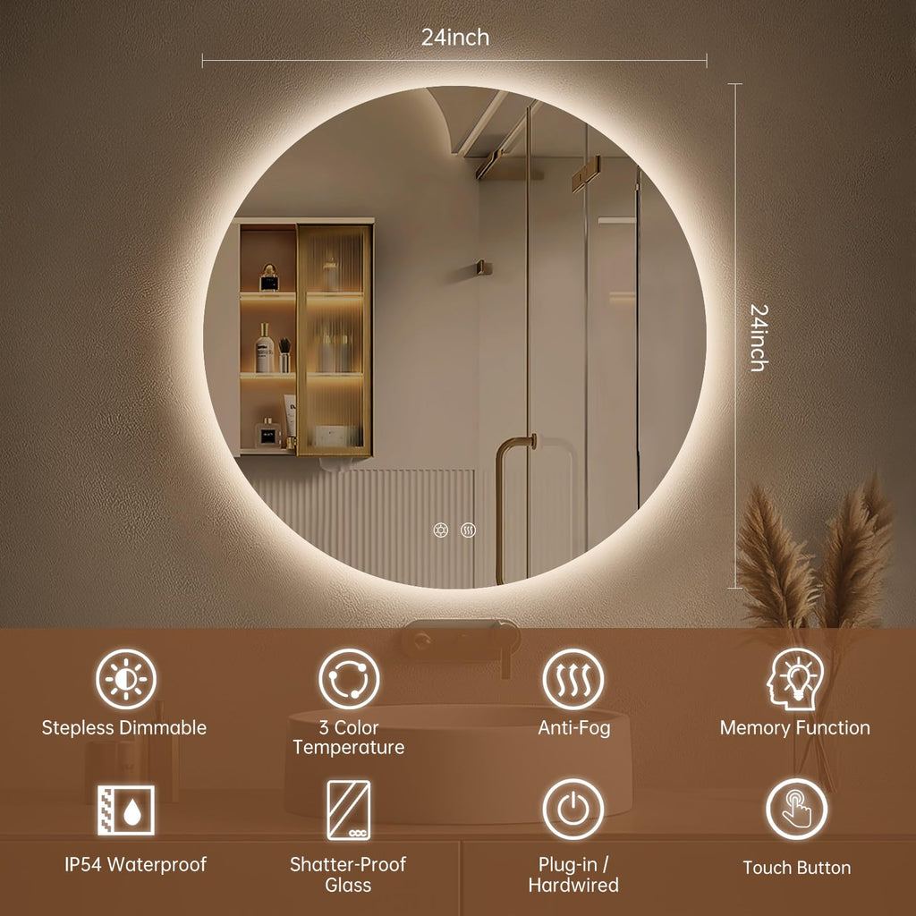 Round Backlit Mirror Bathroom 24", Circle LED Mirror