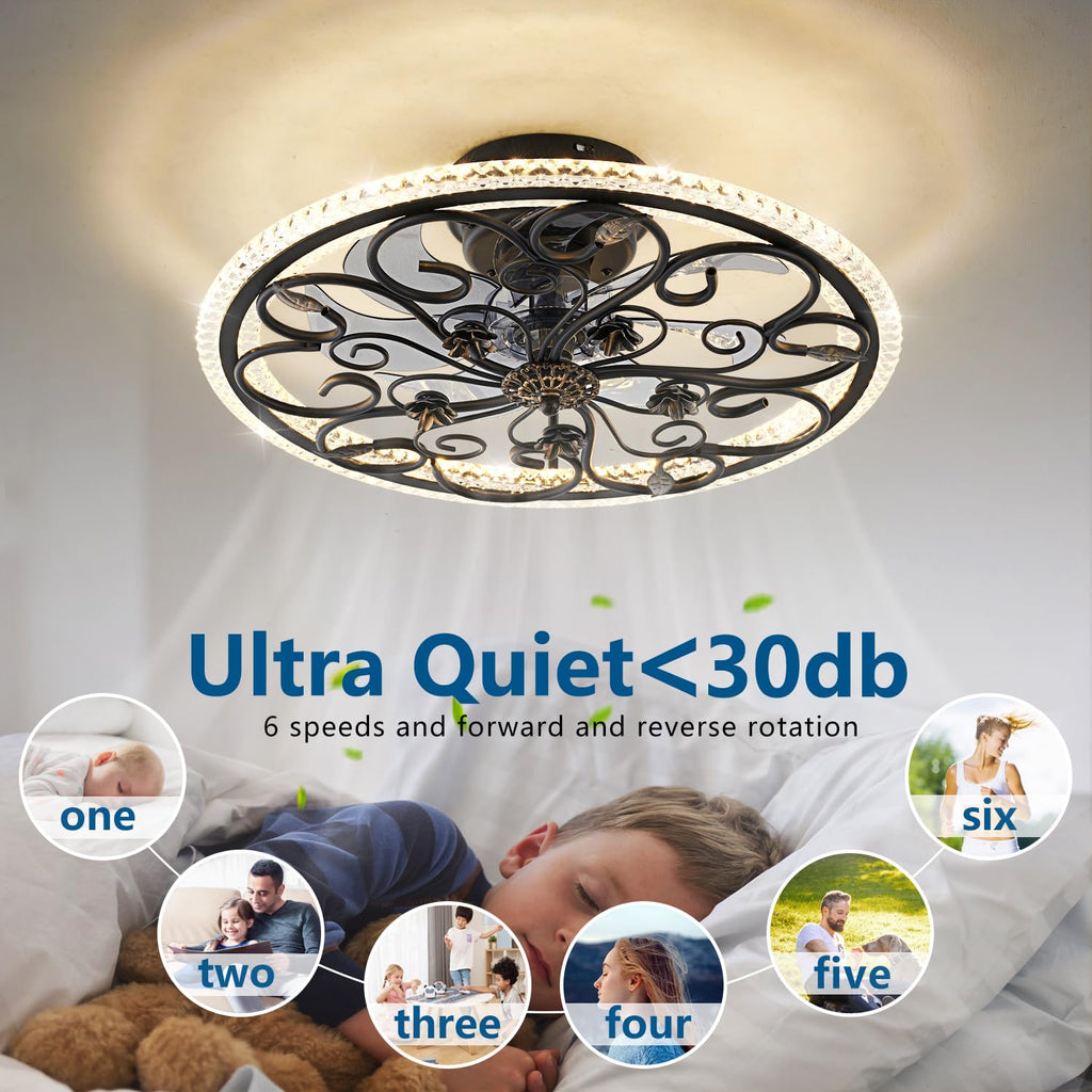 Black Flower Caged Ceiling Fan with Light, Rustic Industrial Ceiling Fan with Lights and Remote, LED Low Profile
