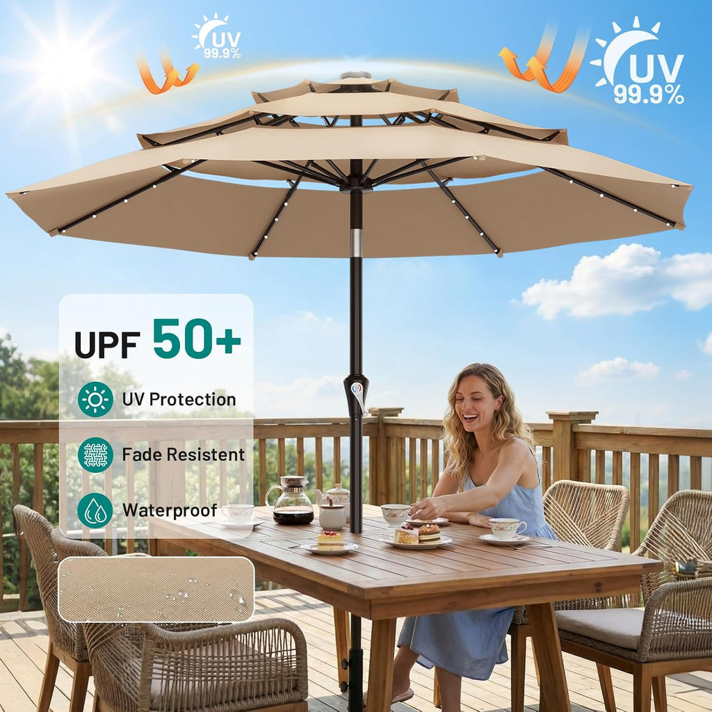9ft 3 Tiers Patio Umbrella with Solar Lights, Outdoor Umbrella w/ 32 LED Lights&8 Sturdy Ribs