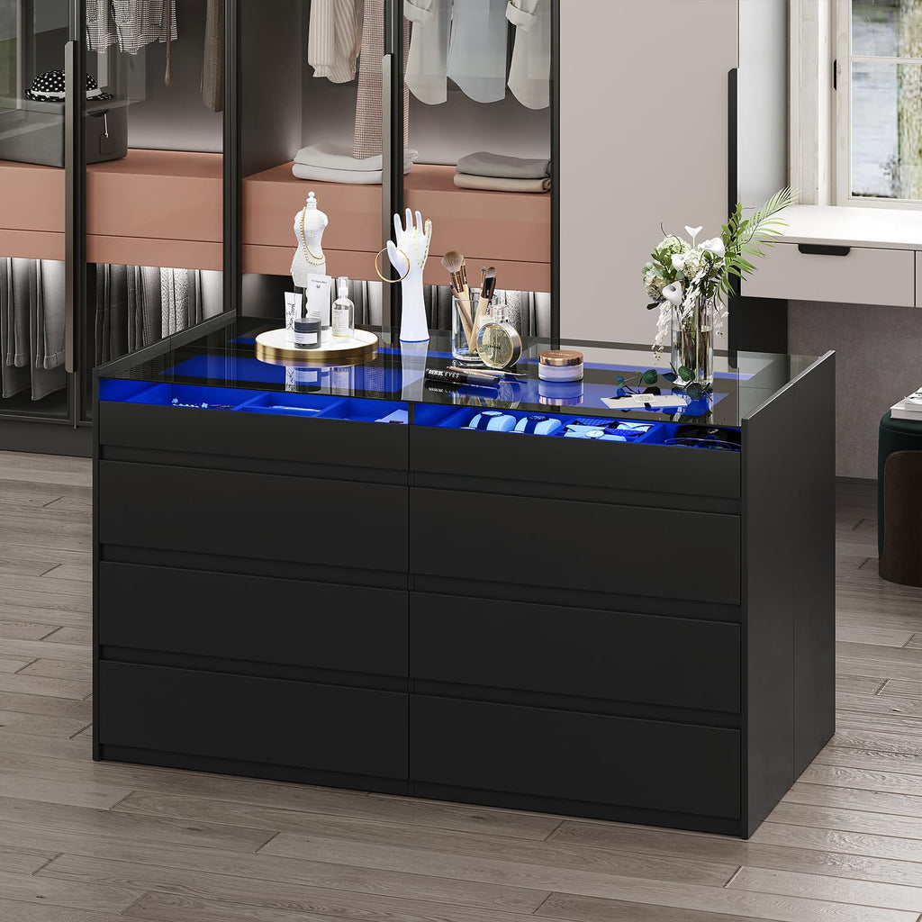 16 Drawer Closet Island with Glass Top & LED Light, Black