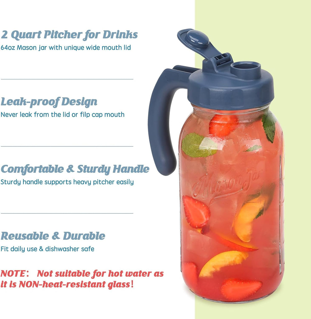 Glass Mason Jar Pitcher with Lid, Wide Mouth Flip Cap Pour Spout Leak-proof Lid with Handle, 64 oz (2 Quart / 1.9