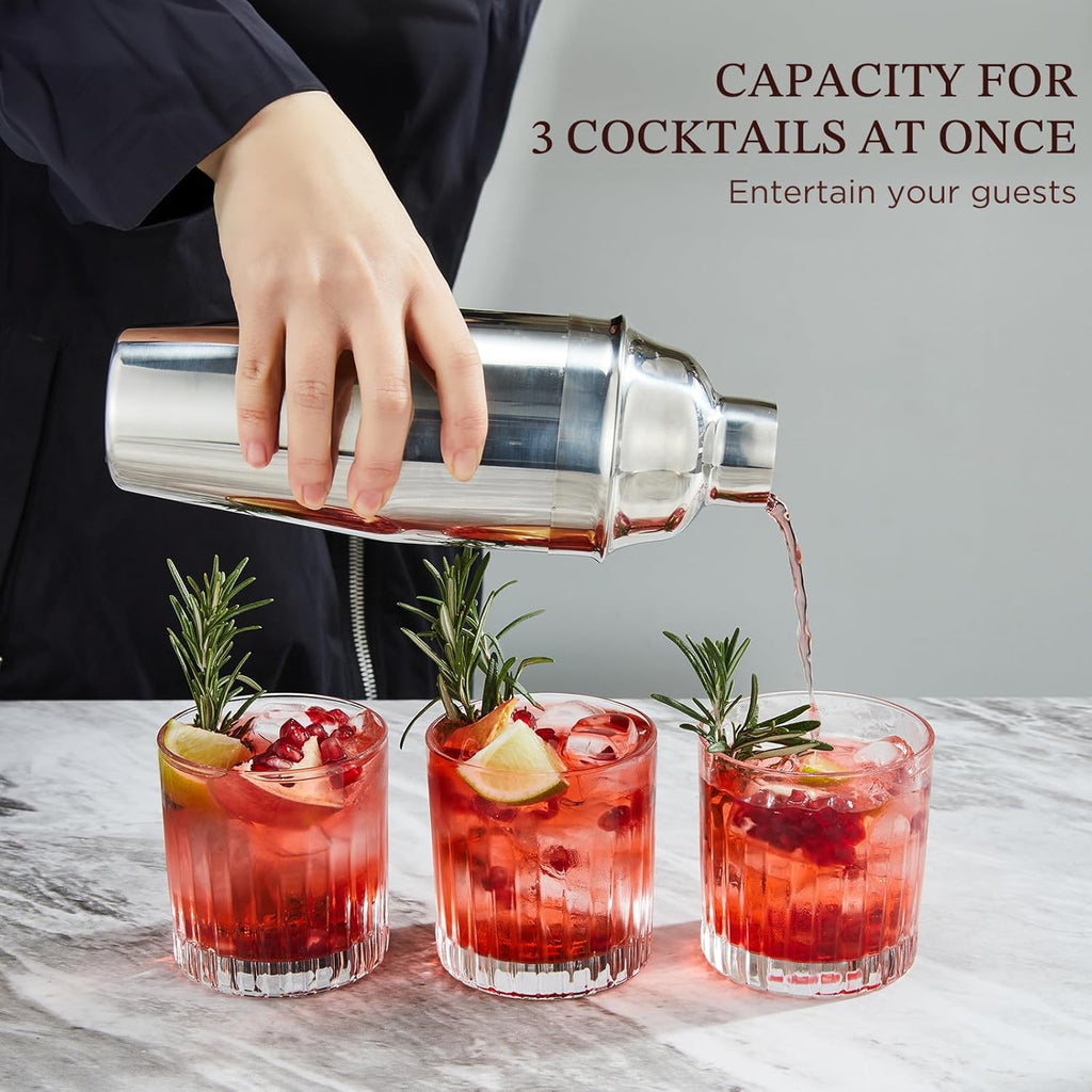 Cocktail Shaker, 24oz Drink Shaker with Bartender Strainer, Measuring Jigger, Bar Mixing Spoon, Cocktail Recipe