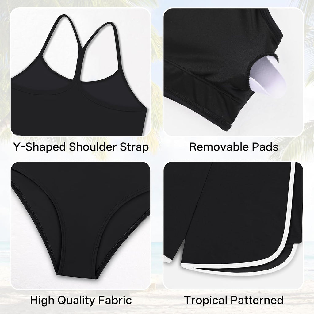 Girls 3 Piece Swimsuit Bathing Suits Solid Bikini Set with Printed Sports Shorts Swimwear for Teen Girls