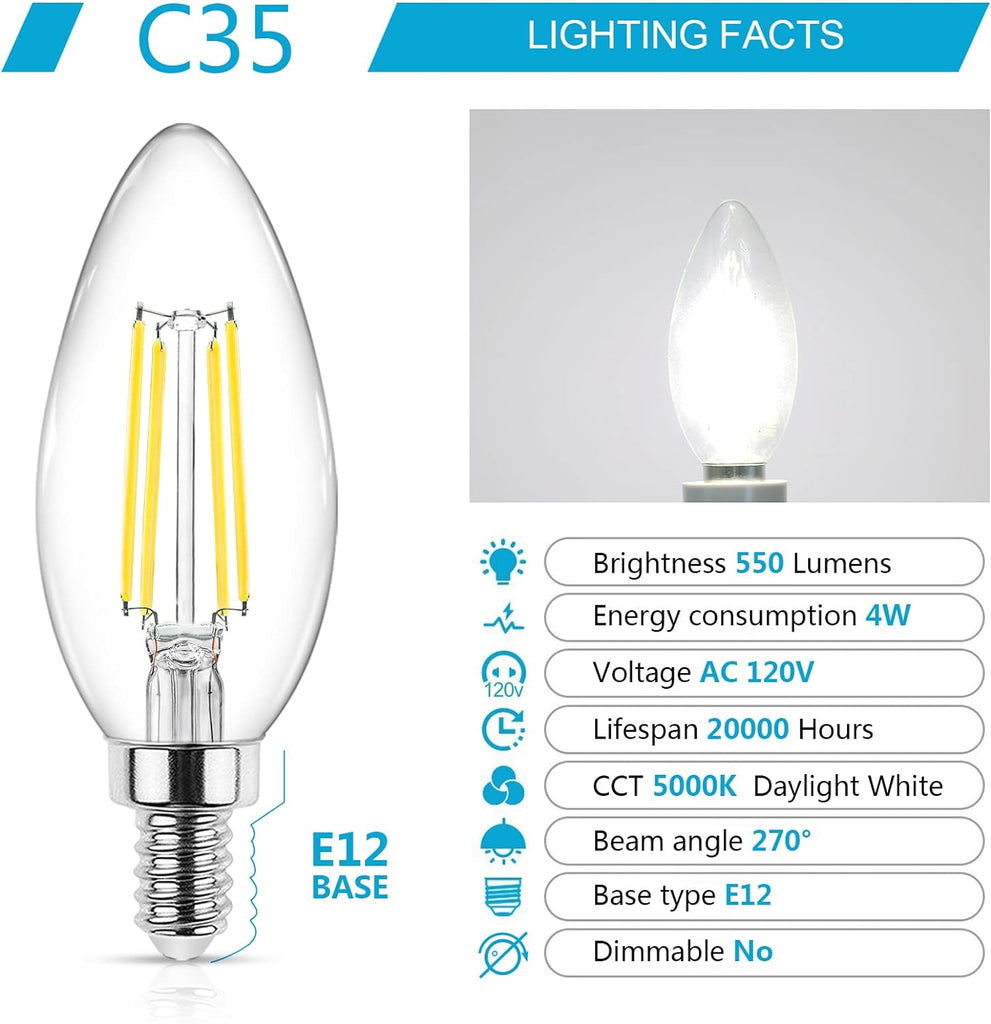 E12 Candelabra LED Light Bulbs 60 Watt Equivalent, Daylight White 5000K, Non-Dimmable, 550 Lumen, Clear LED Filament