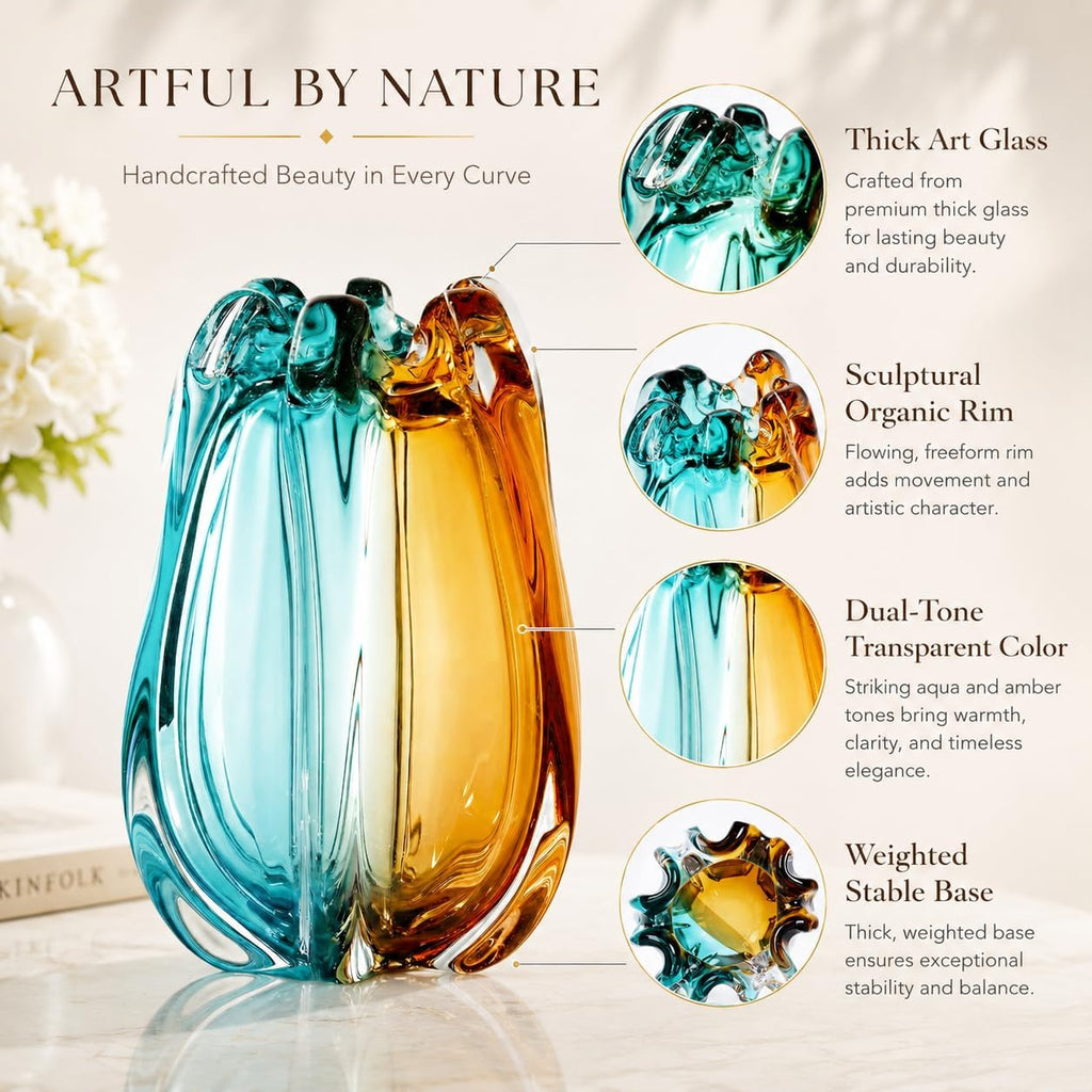 Hand Blown Art Glass Vase for Decor,Heavy Large Wide Mouth Flower Vase,Art Deco Murano Style Teal Amber Living Room