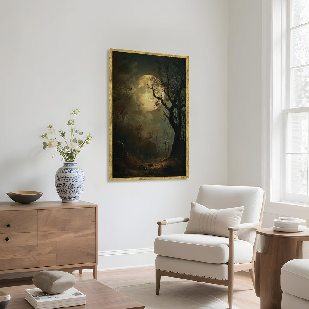 Moody Forest with Full Moon Wall Art Vintage Gothic Moonlight Poster Dark Aesthetic Decor Nature Canvas Print