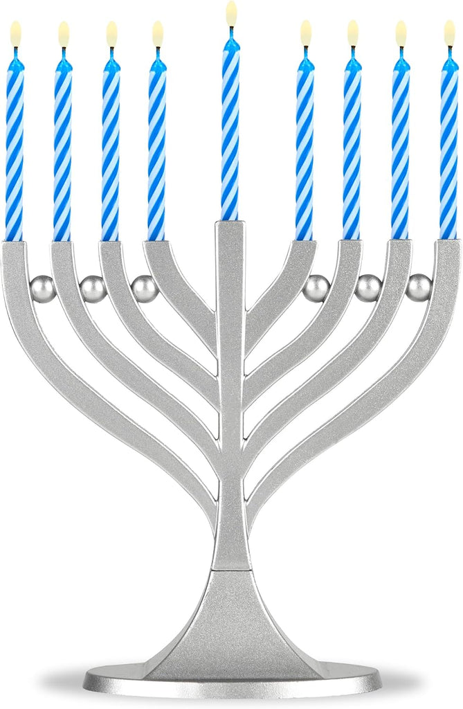 Zion Judaica Mini Classic with Mini Birthday Size Hanukkah Candles - Satin Silver Small Travel Minorah with 44 Blue