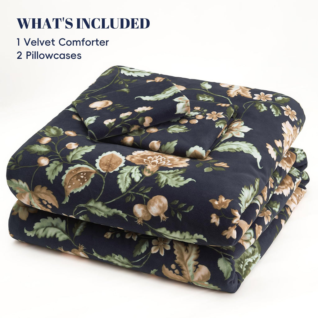 Super Soft Velvet Comforter Set - 3-Piece Lightweight Warmth & Anti-Static Floral Bedding Set, 1 Vibrant