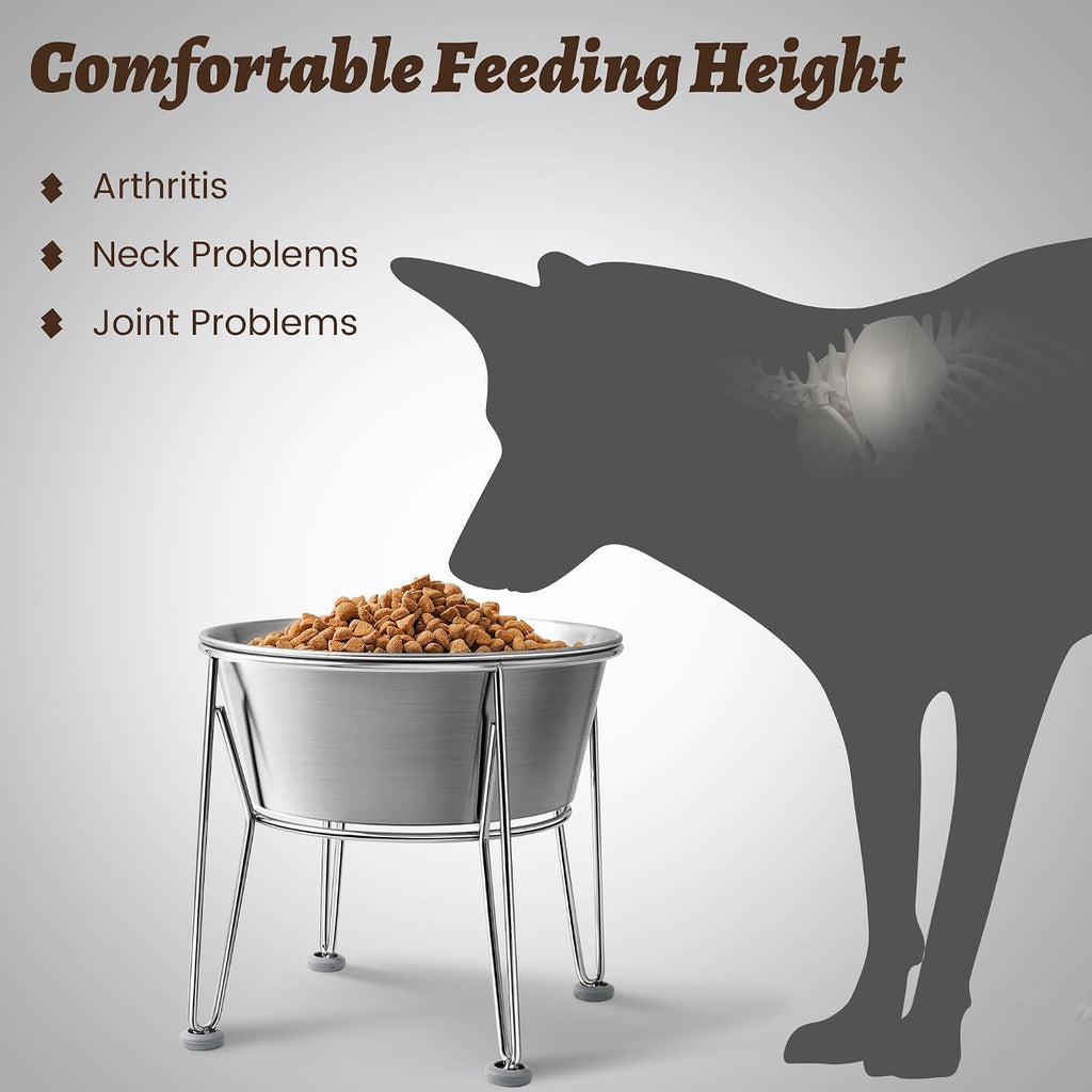 Elevated Dog Bowls for Large & Medium Dogs - Stainless Steel 64oz/8 Cup Raised Feeder with Non-Slip Base, Dual Food &