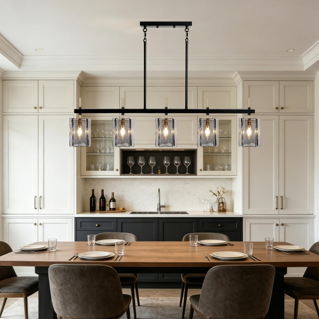 Rectangular Dining Room Light Fixture, 42" L Black and Gold Glass Linear Chandeliers Over Table, Farmhouse