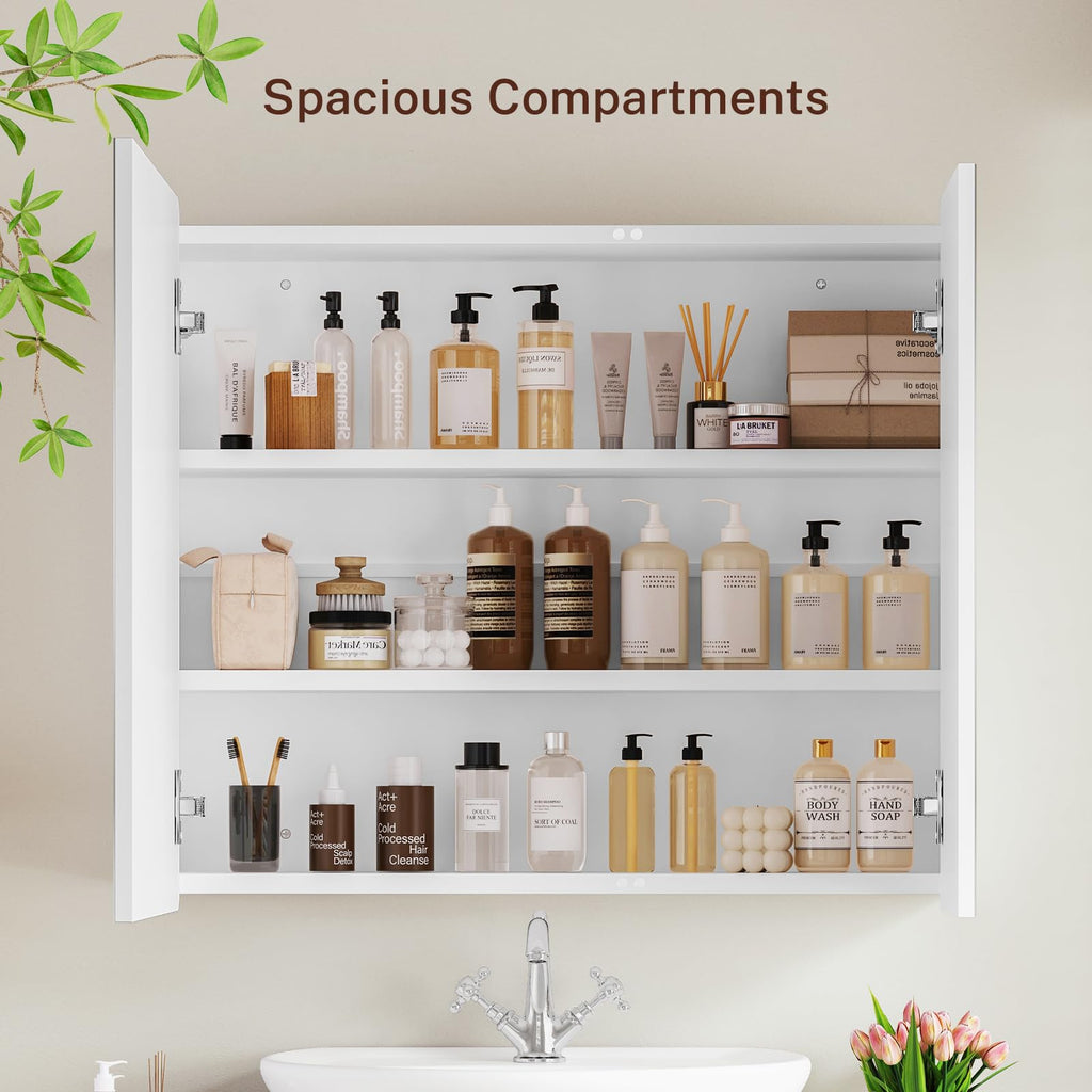 Medicine Cabinet Mirror with 2 Doors, Mount or Recessed Bathroom Wall Cabinet, Bathroom Mirror with Storage 3