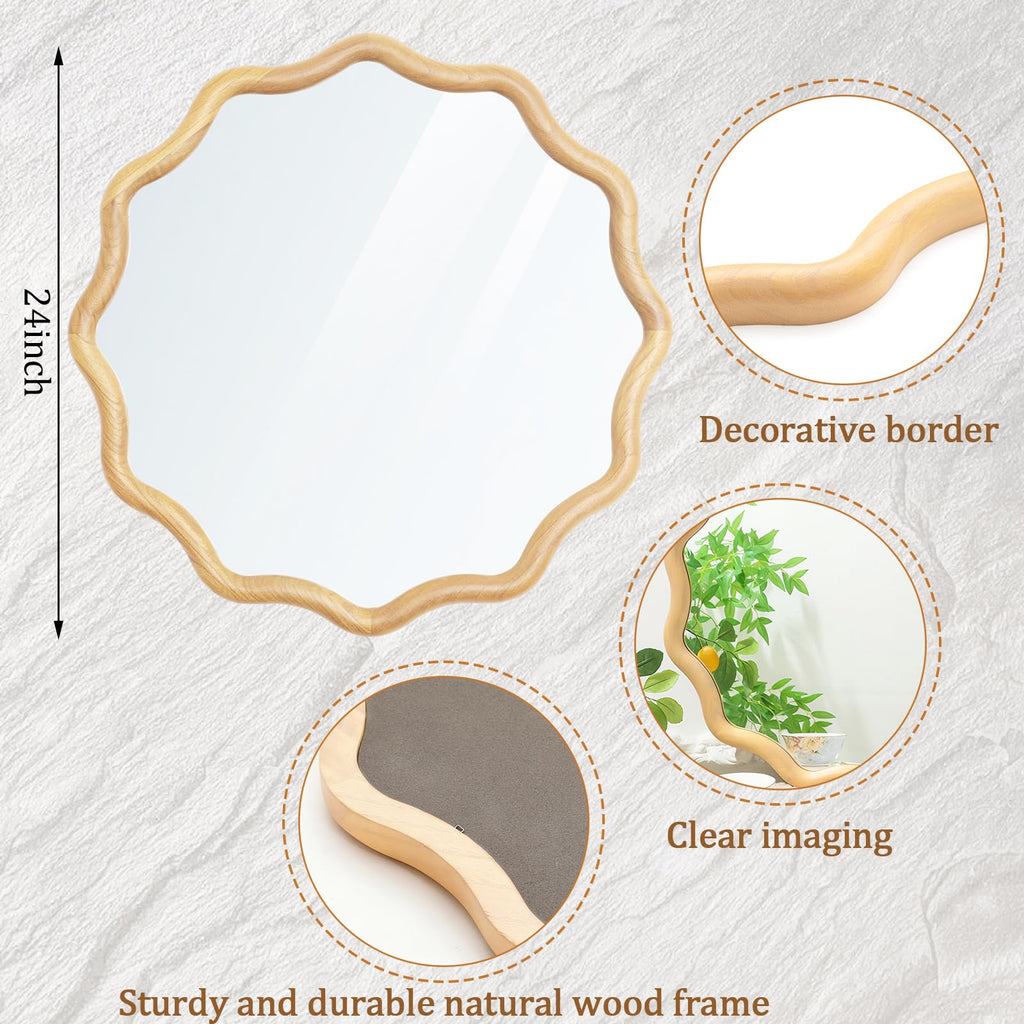 24" Scalloped Wood Wall Mirror, Boho Wall Decor, Natural