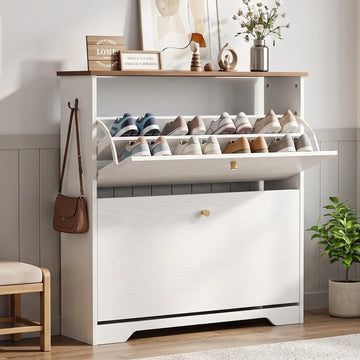 Shoe Cabinet, 2 Flip Drawers Slim White Walnut Top Entry Storage