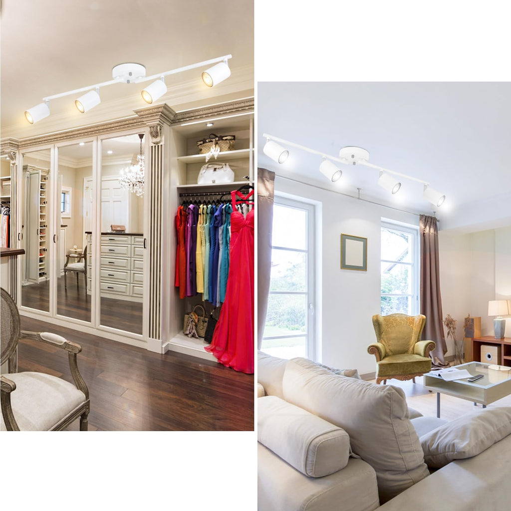 LED 4 Light Track Lighting Kit, White 4 Way Ceiling Spot Lighting, Flexibly Rotatable Light Head, Bulb Not Included
