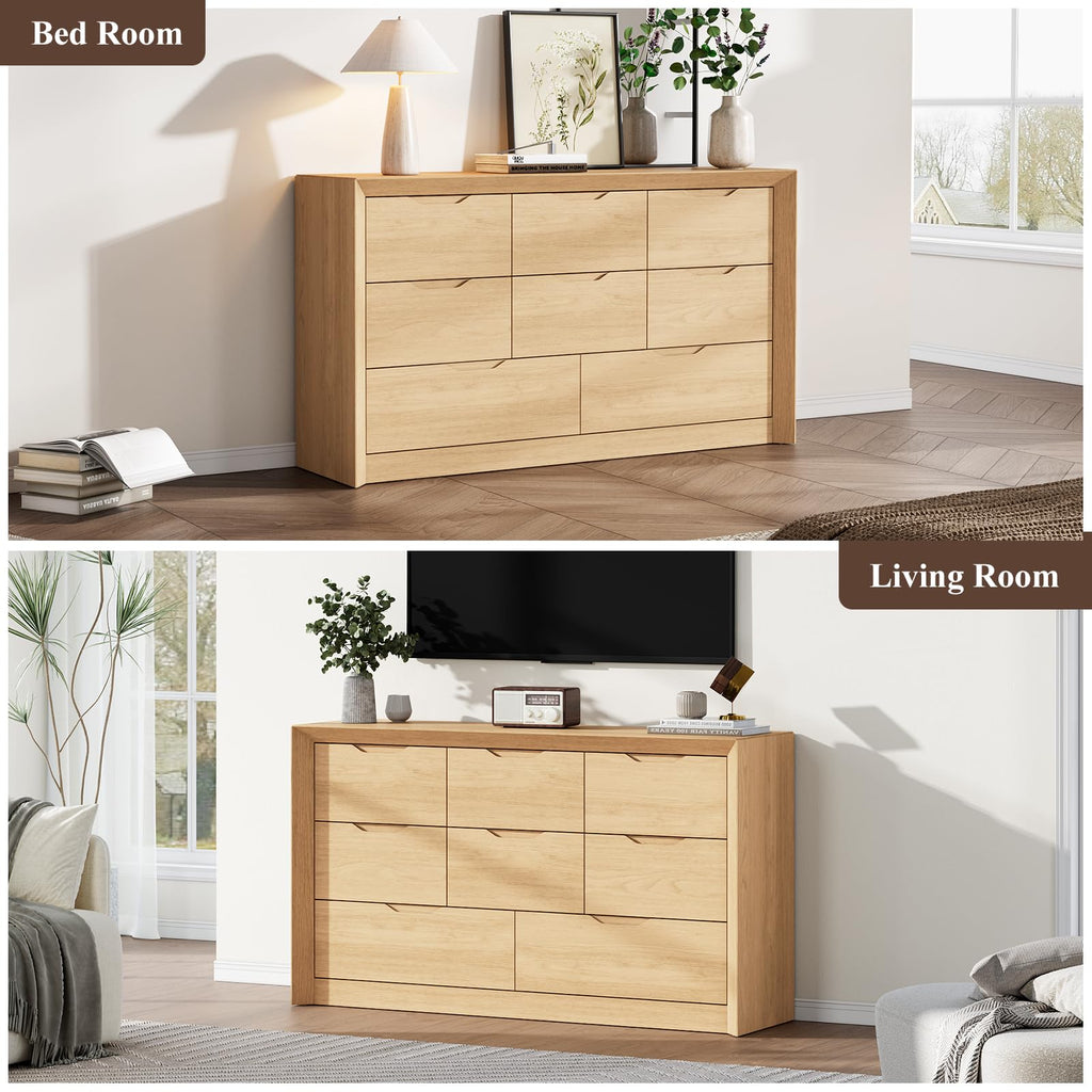 Natural Oak 8 Drawer Dresser, 55" Wide Chest of Drawers