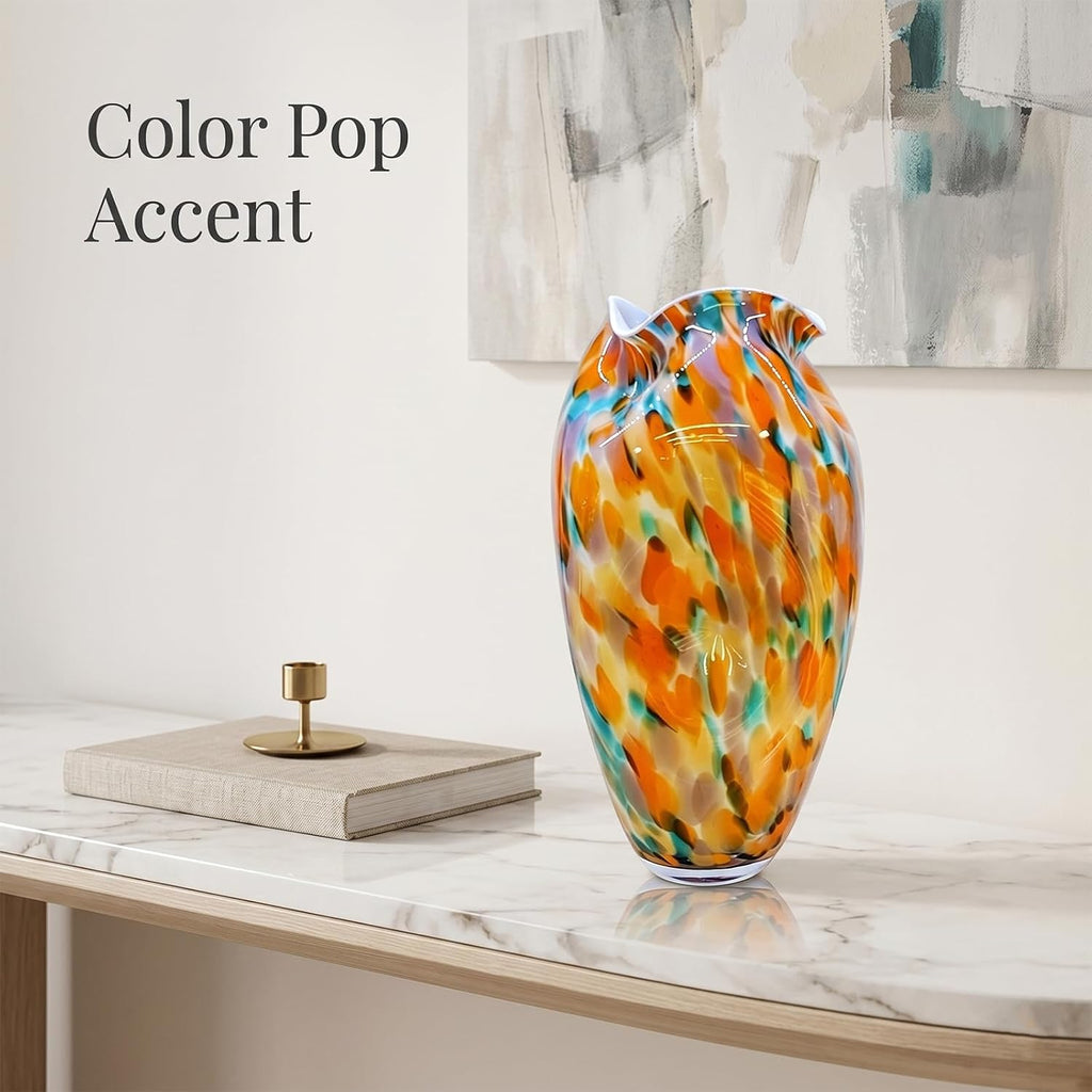 Murano Style Glass Vase, Hand Blown Decorative Art Vase with Ruffled Opening for Flowers, Shelf Tabletop Mantel