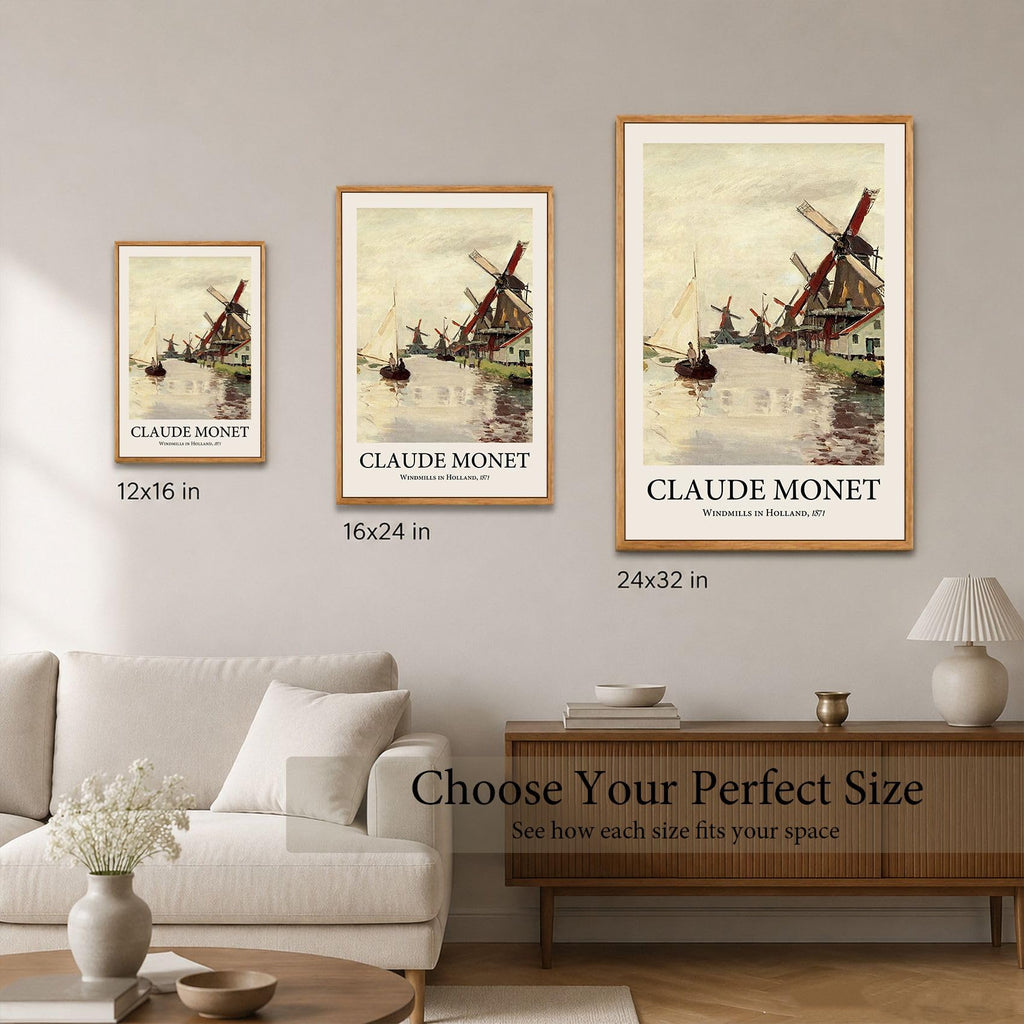 Windmills in Holland by Claude Monet Canvas Print, Dutch Windmill RiverLandscape Wall Art, 12x16 Inch