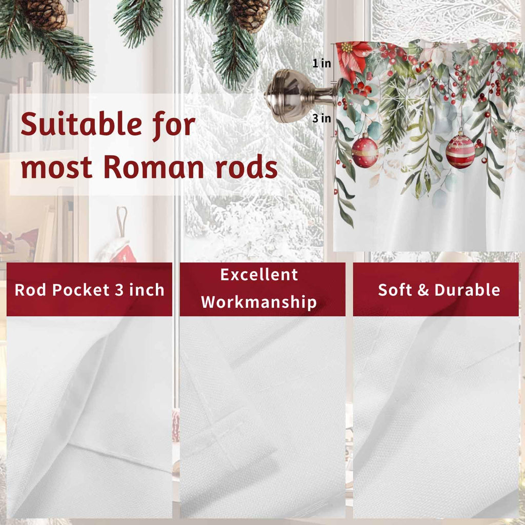 Christmas Red Eucalyptus Leaves Curtain Valance for Window, Farmhouse Swag Curtains, Cute Snowman Valance Bathroom