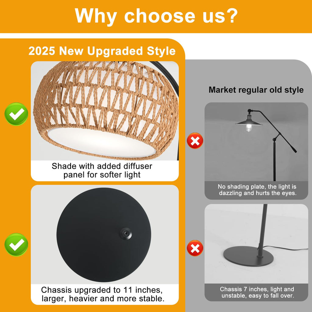 Black Boho Rattan Floor Lamp with Shade - Dimmable 12W LED, Remote & 3 Color Temps, Handwoven Arc Standing Light