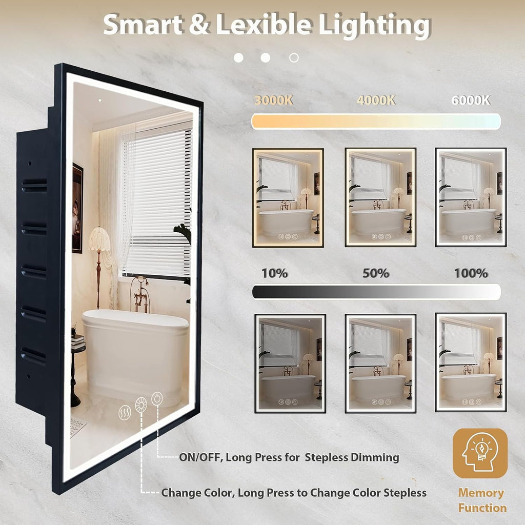 LED Lighted Medicine Cabinet with Mirror, Recessed or Wall Mounted Bathroom Mirror with Storage, Anti-Fog, 3-Color