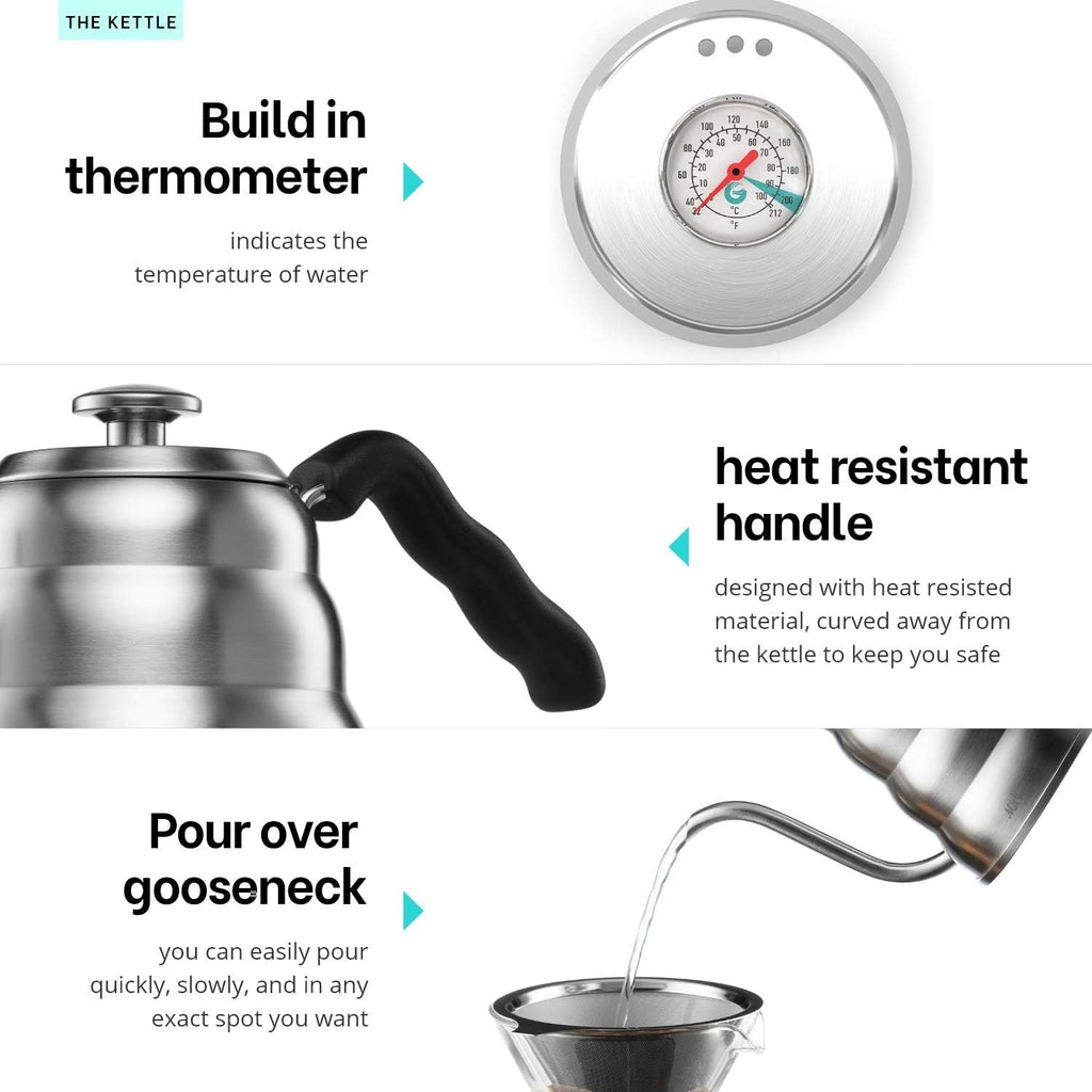 Pour Over Coffee Maker Set | Kit Includes 40 OZ Gooseneck Kettle with Thermometer, Coffee Mill Grinder & 20 OZ Coffee