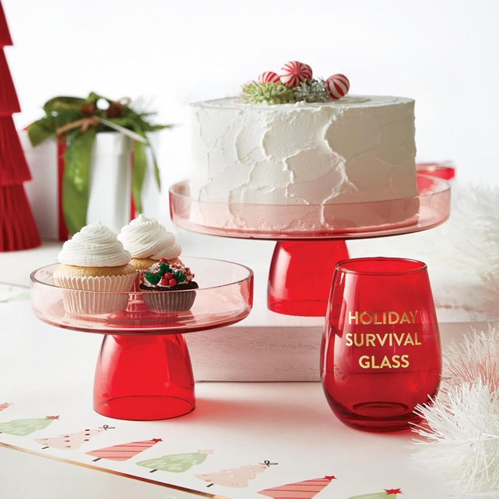 Cake Stand Two-Toned Glass Cake Plate Tabletop Pedestal Dessert Holder, 7" Diameter, Clear/Red