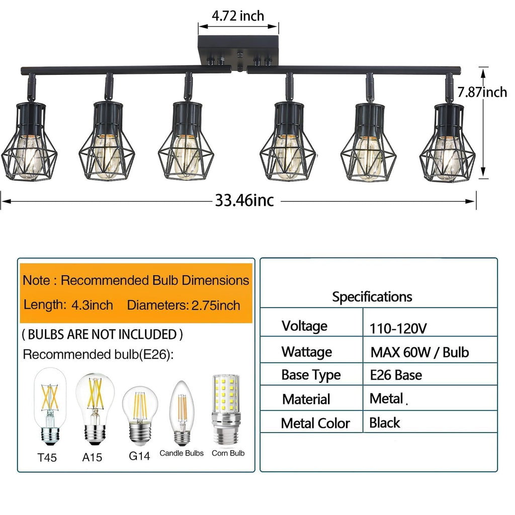 Matte Black Ceiling Mount Track Lighting 6-Light E26