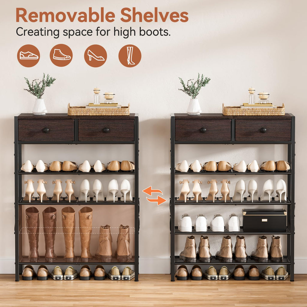 5 Tier Shoe Rack with 2 Drawers, 16-20 Pairs Dark Brown