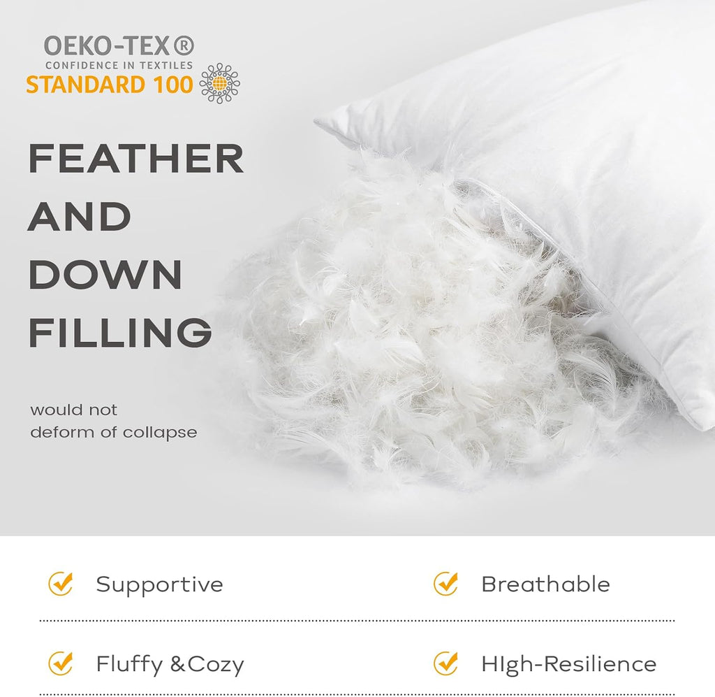 Down and Feather Throw Pillow Inserts 22x22 Soft Fluffy Pillow Inserts with 100% Down-Proof Cotton Cover - Set of 2
