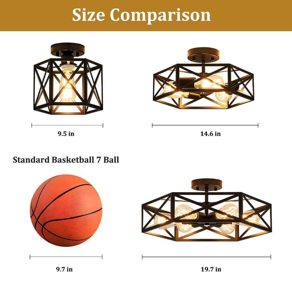 Modern Farmhouse Black Metal Semi Flush Mount Ceiling Light Fixture 14.6 in