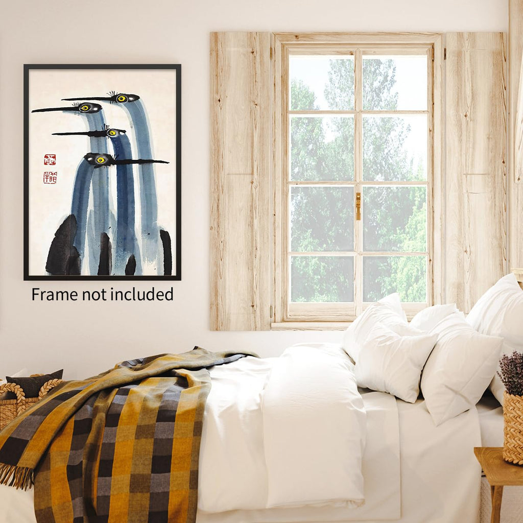 Vintage Japanese Crane Poster Antique Asian Bird Canvas Wall Art Blue Minimalist Animal Watercolor Prints for Country