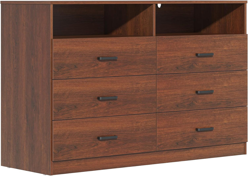 6 Drawers Dresser Wooden Drawer with Open Storage Cubby, Double Wide Dresser Organizer (Walnut Brown)