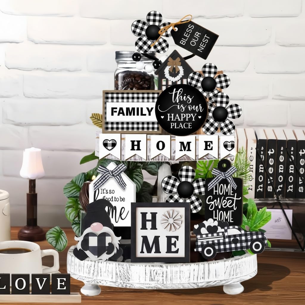 Farmhouse Home Tiered Tray Decor Set - Rustic Wooden Tabletop Decorations with Vintage Country Style, Shelf & - Set of 23