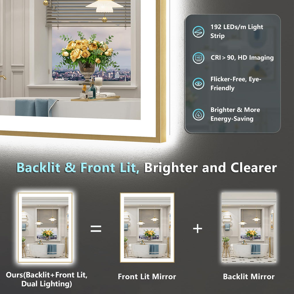 32x36 Gold LED Bathroom Mirror with Lights, Lighted Vanity Mirror