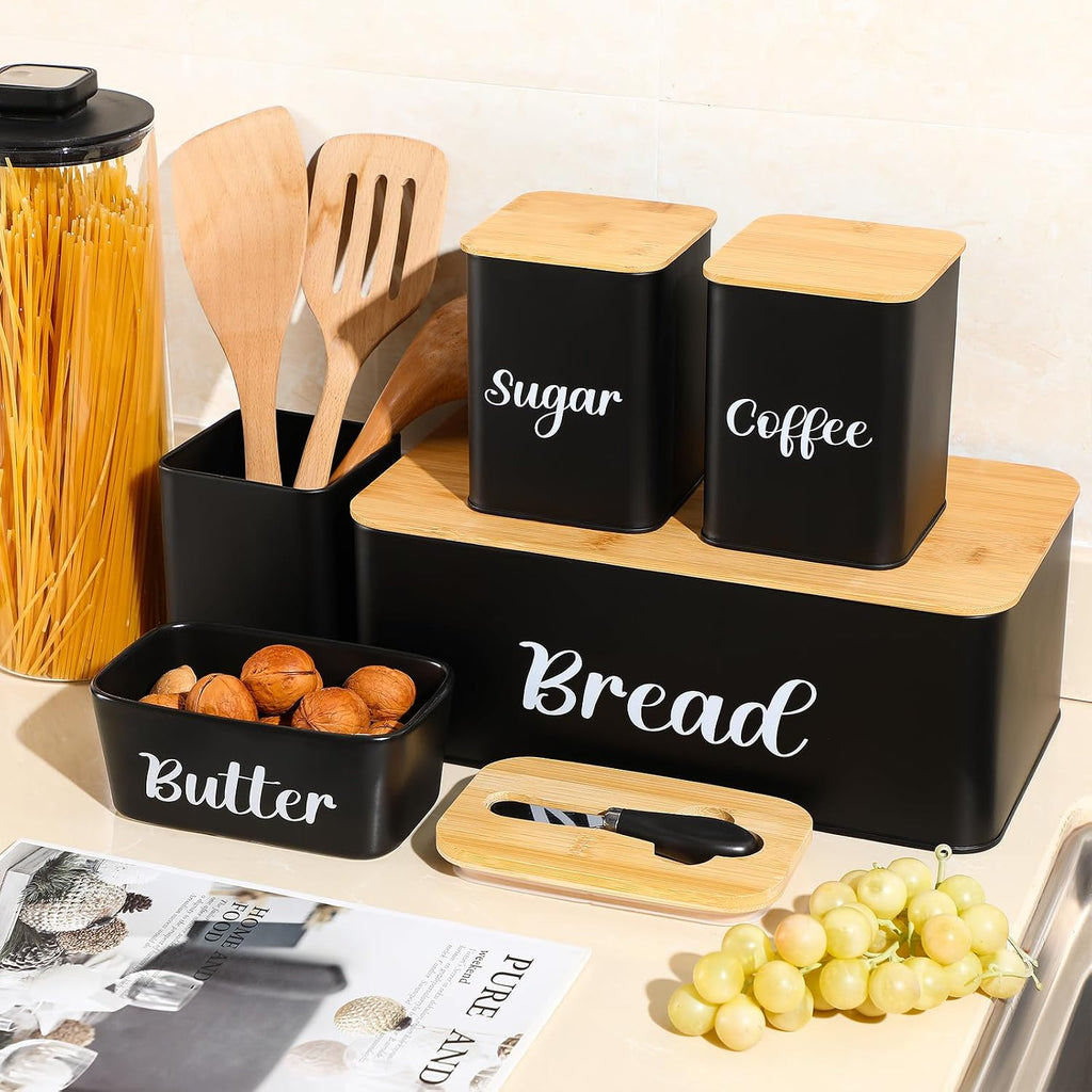 Metal Bread Box and Ceramic Butter Dish with 3 Airtight Kitchen Canisters Farmhouse Storage Canister Set with Bamboo - Set of 5