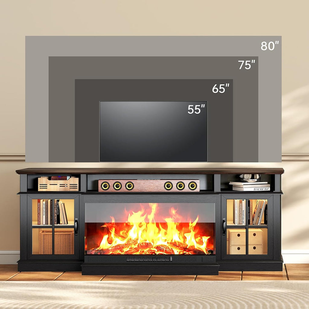 70" Fireplace TV Stand, 3 Sided Glass Modern Entertainment Center for TVs Up to 80", TV Console with Storage