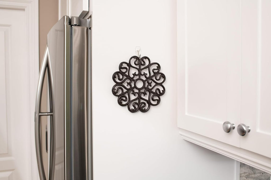 Cast Iron Trivet for Hot Dishes, Pots, and Pans, Metal Trivet, Victorian Design, Rubber Feet Caps, Ring Hanger, 8