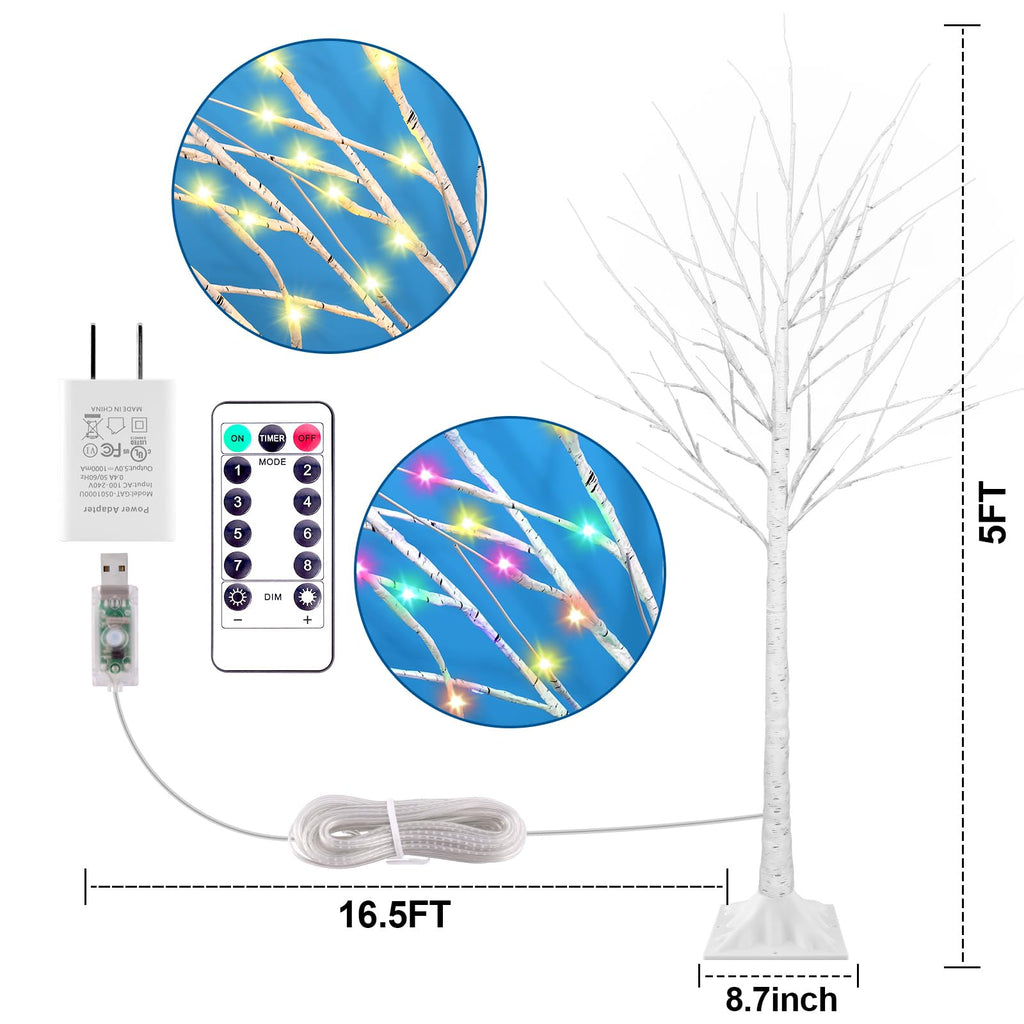 5FT Lighted Birch Tree with 90 LED Warm White and Multicolor Lights, 8 Modes, Timer Remote Faux Prelit Twig Christmas