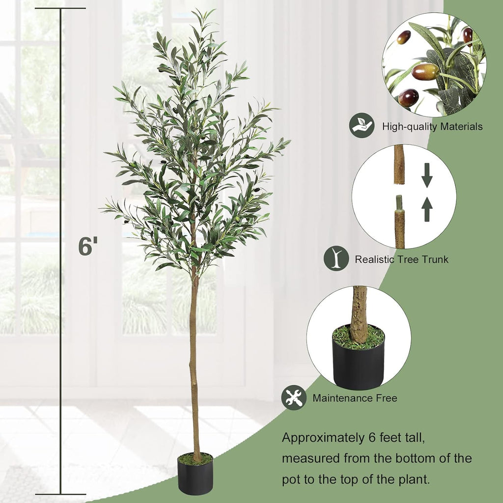 Artifical Tree 6FT Faux Olive Tree Home Decor Fake OliveTree Indoor with Natural Trunk and Lifelike Fruits in a Pot - Set of 2