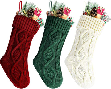 14" Unique Burgundy and Ivory White and Green Knitted Christmas Stockings - Set of 3