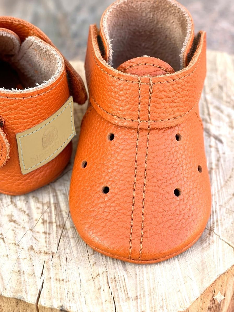 Leather Baby Shoes Soft Sole, Orange Moccasins, Handmade Genuine Infant Booties, Toddler First Walker, Newborn Unisex