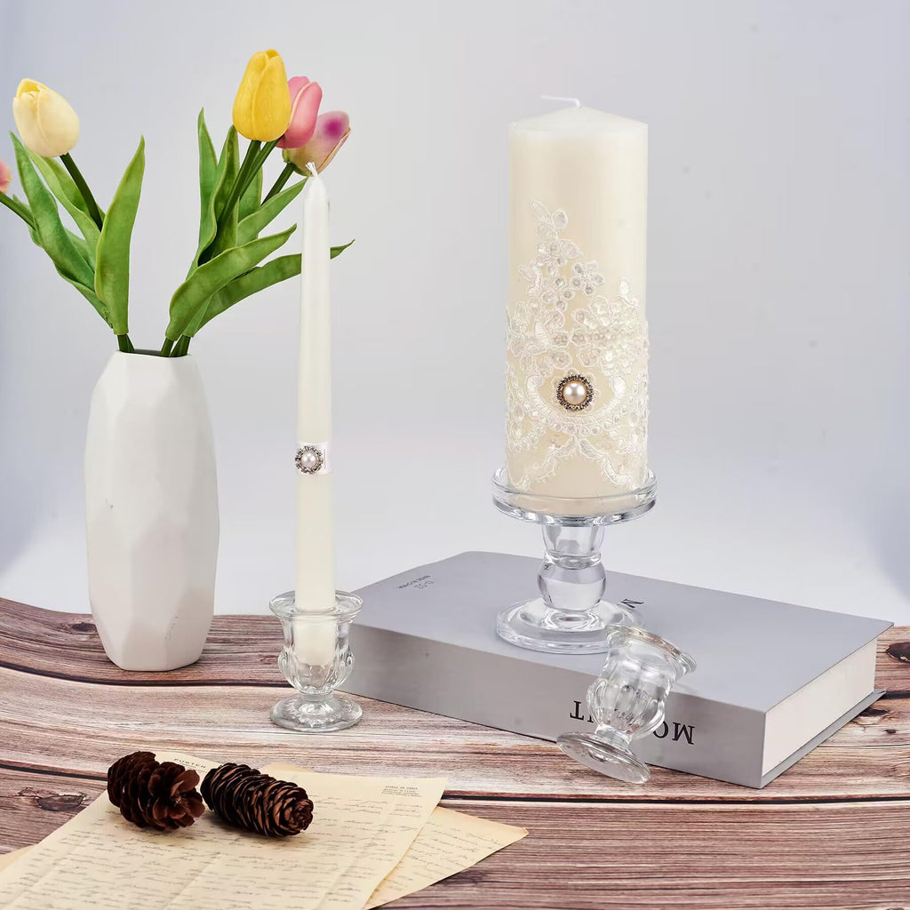 Unity Candle Holder - Glass Candle Holders for Pillar Candles Taper Candles, Glass Candlestick Holders Set of 3