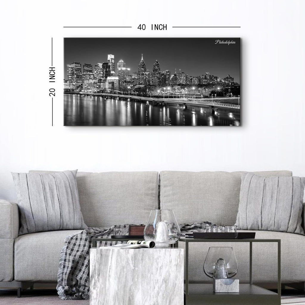 Philadelphia Skyline Canvas Wall Art Black and White Pennsylvania Cityscape Pictures Philly City Night View Prints